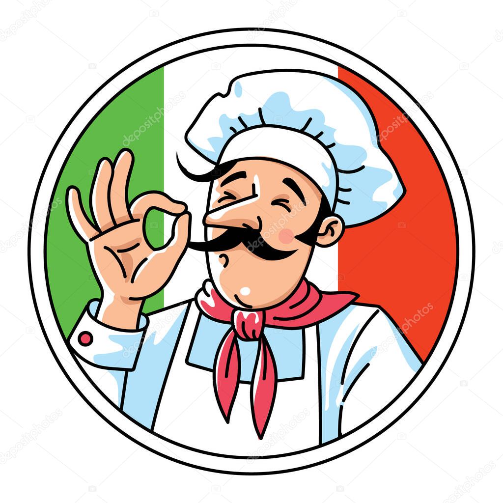 Funny pizza chef shows you how delicious pizza is. Emblem design of funny man, pizza chief, baker or cook on the background of the colors of the Italian flag. Cartoon character. Pizzeria sign