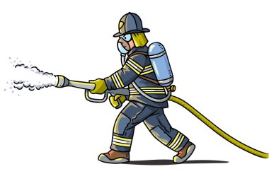 Kasklı ve üniformalı bir itfaiyeciyi itfaiye hortumuyla koşturuyor. Çocuk vektör çizimi. İtfaiye ekibi.