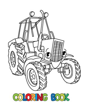 Çocuklar için eski traktör boyama kitabı. Gözleri ve ağzı olan küçük, komik, eski, sevimli bir araba. Çocuk vektör illüstrasyonu.