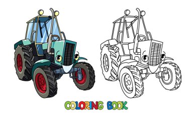 Çocuklar için eski traktör boyama kitabı. Gözleri ve ağzı olan küçük, komik, eski, sevimli bir araba. Çocuk vektör illüstrasyonu.