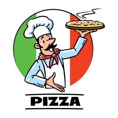 Pizzalı şef. Komik adamın, pizza şefinin, fırıncının ya da aşçının amblem tasarımı. Vektör çizimi. İtalyan bayrağının arka planında logo olan çizgi film karakteri. Pizzacı işareti.