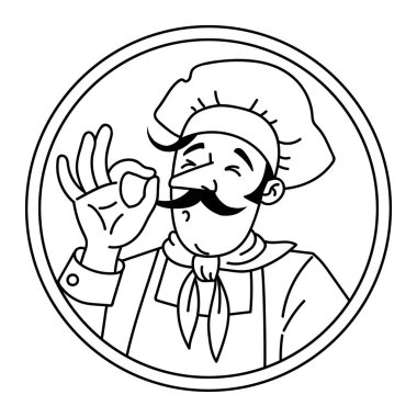 Komik pizza şefi pizzanın ne kadar lezzetli olduğunu gösteriyor. Komik adamın, pizza şefinin, fırıncının ya da aşçının amblem tasarımı. Siyah-beyaz vektör çizimi. Çizgi film karakteri. Pizzacı işareti.