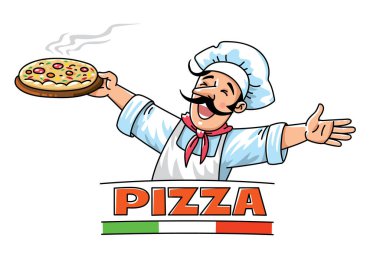 Pizzalı şef. Komik adamın, pizza şefinin, fırıncının ya da aşçının amblem tasarımı. Vektör çizimi. Logolu çizgi film karakteri ve İtalyan bayrağının renkleri. Pizzacı işareti.