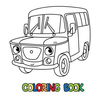 Minivan, minibüs ya da çocuklar için küçük otobüs boyama kitabı. Gözü ve ağzı olan komik, şirin bir araba. Çocuk vektör çizimi. Vagon