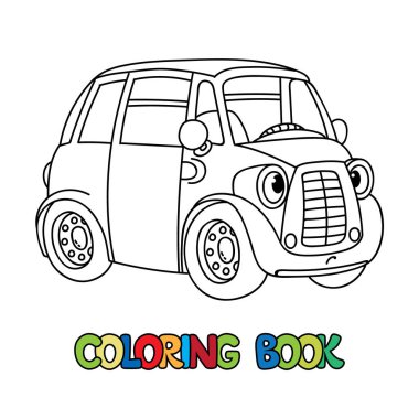 Retro car. Funny vector cute small vehicle with eyes and mouth. Coloring book. Children vector illustration