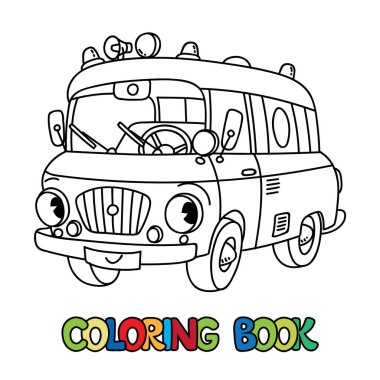 Çocuklar için küçük bir geçmişe dönük ambulans boyama kitabı. Gözü ve ağzı olan komik bir araç. Boyama kitabı. Çocuklar için çizim araba boyama kitabı.