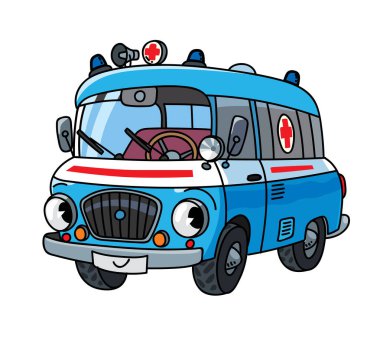 Çocuklar için küçük bir geçmişe dönük ambulans boyama kitabı. Gözü ve ağzı olan komik bir araç. Çocuk vektör illüstrasyonu