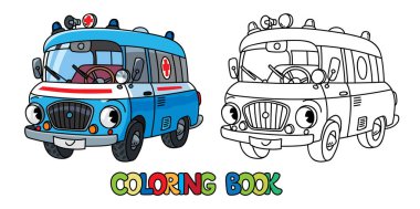 Çocuklar için küçük bir geçmişe dönük ambulans boyama kitabı. Gözü ve ağzı olan komik bir araç. Boyama kitabı. Çocuklar için çizim araba boyama kitabı.