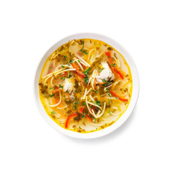 Traditional Moldavian Chicken Soup Homemade Pasta Isolated White Background Top — Foto Stock