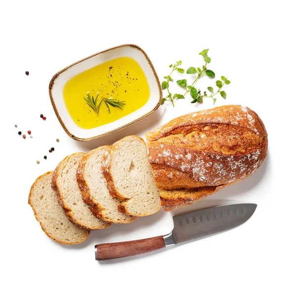 Fresh Bread Slices Olive Oil Isolated White Background Top View — Stock Photo, Image