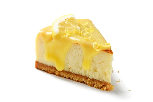 Limonlu Limonlu Yapımı Taze Limonlu Cheesecake Dilimi Beyaz Arkaplanda Izole — Stok fotoğraf