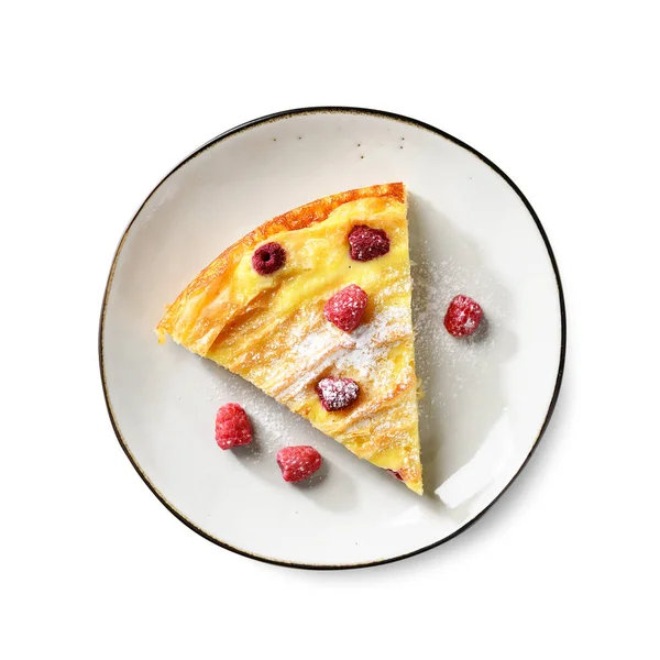 Slice Fresh Baked Sweet Filo Pastry Pie Raspberry Powdered Sugar — Stock Photo, Image