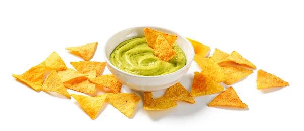 Avokádó Mártással Guacamole Tortilla Kukorica Nachos Chips Egy Fehér Tál — Stock Fotó