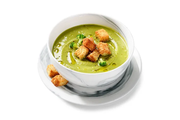 Bowl Fresh Broccoli Cream Soup Croutons Isolated White Background — Stock Photo, Image