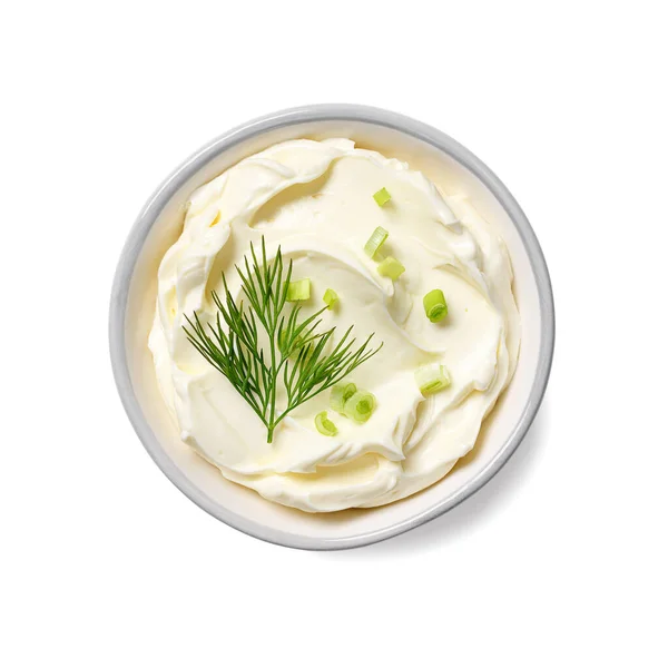 Bol Fromage Crème Oignon Vert Aneth Isolé Sur Fond Blanc — Photo