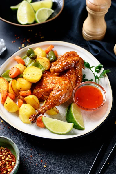 Pollo Para Freír Aire Con Verduras Crujientes Diferentes Salsas Sobre — Foto de Stock