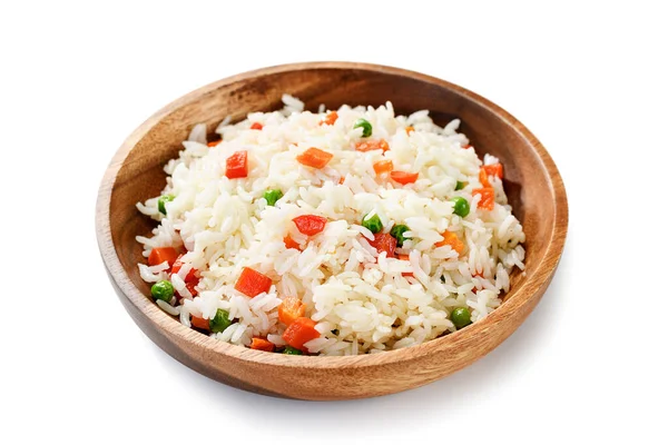 Ξύλινο Πιάτο Λαχανικά Τηγανητό Ρύζι Υγιεινό Χορτοφαγικό Φαγητό Απομονωμένο Λευκό — Φωτογραφία Αρχείου