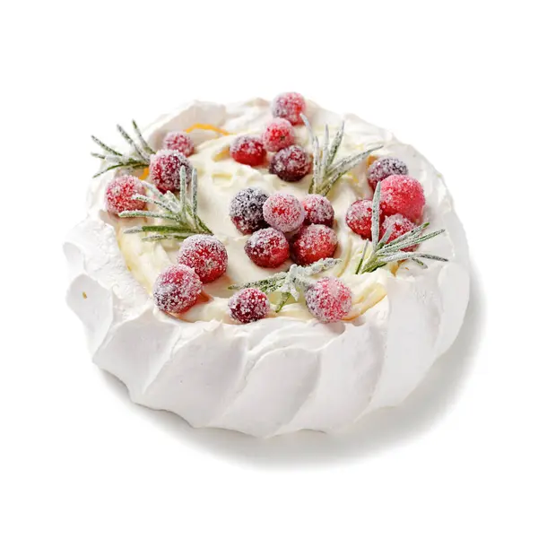 Pavlova meringue cake decorated with frozen cranberry and rosemary. Cake for christmas event. isolated on white background