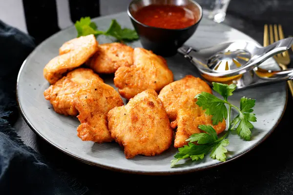 Chicken Breast Fried Batter Nuggets Chili Sauce — Stock Photo, Image