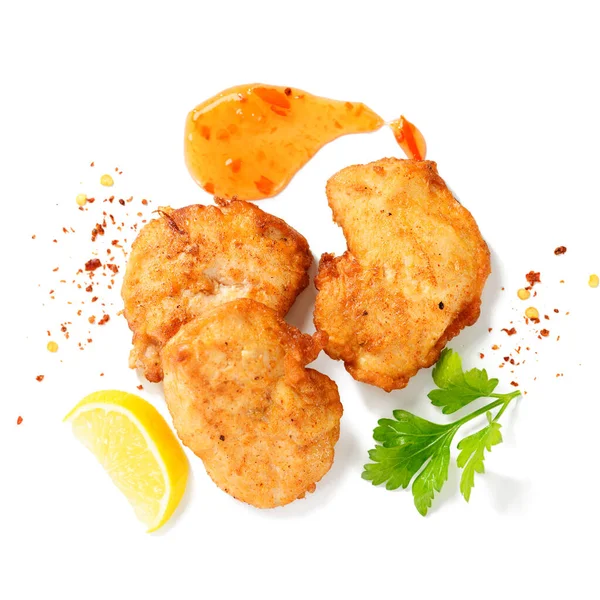 Chicken Breast Fried Batter Nuggets Chili Sauce Top View Isolated — Stock Photo, Image