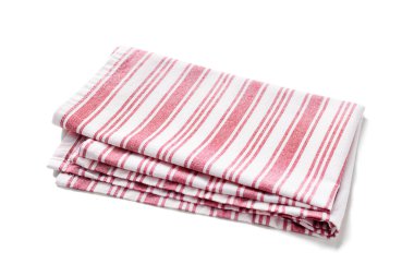 Kırmızı mutfak peçetesi beyaz arka planda izole edilmiş. Kopyalama alanı olan katlanmış kumaş. 