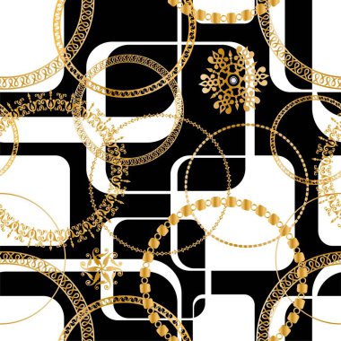 Değerli taşlar, altın zincirler ve incilerle süslenmiş kusursuz desenler..