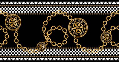 Değerli taşlar, altın zincirler ve incilerle süslenmiş kusursuz desenler..