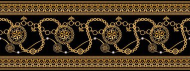 Seamless pattern decorated with precious stones, gold chains and pearls. clipart