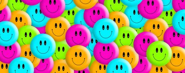 Sevimli emojiler sarı boşluk 3D illüstrasyonuna dağılmış.