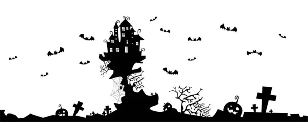 Netopýři Strašidelné Stromy Záhadný Dům Halloween Pozadí — Stockový vektor