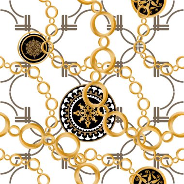 Değerli taşlar, altın zincirler ve incilerle süslenmiş kusursuz desenler..