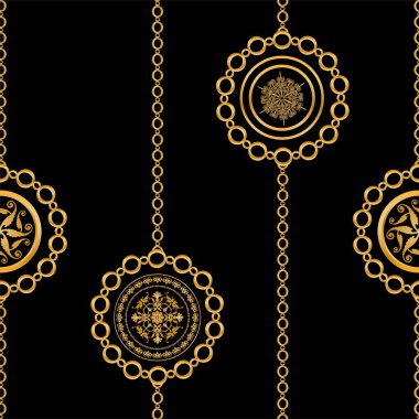 Değerli taşlar, altın zincirler ve incilerle süslenmiş kusursuz desenler..