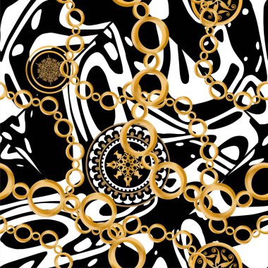 Değerli taşlar, altın zincirler ve incilerle süslenmiş kusursuz desenler..