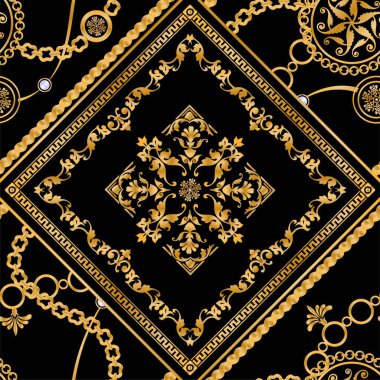 Değerli taşlar, altın zincirler ve incilerle süslenmiş kusursuz desenler..