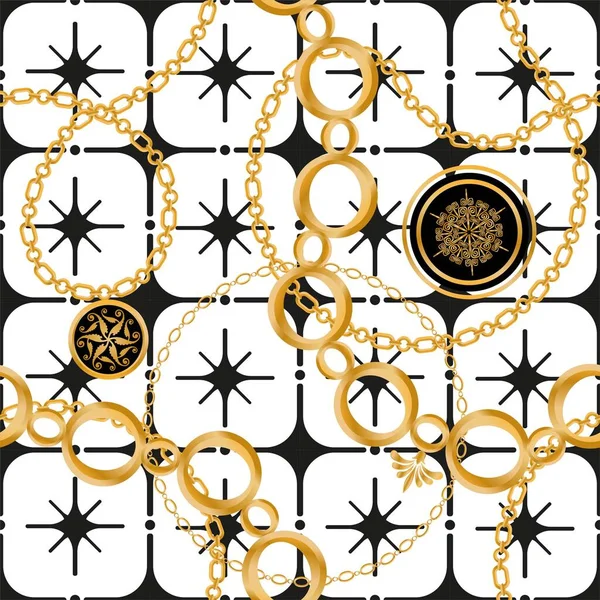 stock vector Seamless pattern decorated with precious stones, gold chains and pearls.