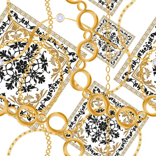 用宝石 金链和珍珠装饰的无缝图案 — 图库矢量图片