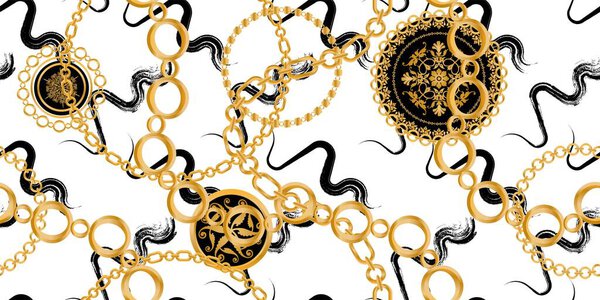 Бесшовный узор, украшенный цепями и жемчугом.