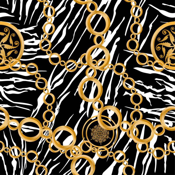 Бесшовный узор украшен драгоценными камнями, золотыми цепочками и жемчугом.