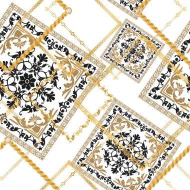 Değerli taşlar, altın zincirler ve incilerle süslenmiş kusursuz desenler..