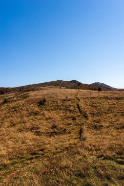 Bukowe Berdo 'ya giden Mavi Yol' un fotoğrafı. Bieszczady Dağları, Polonya 'da Sonbahar. 