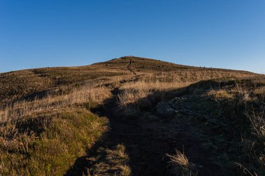Halicz Tepesi 'ne giden kırmızı patika. Bieszczady Dağları, Polonya 'da güzel bir sonbahar manzarası.