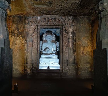 Famous Rockcut structure statue of lord Buddha in Ajanta caves, world heritage site, India 