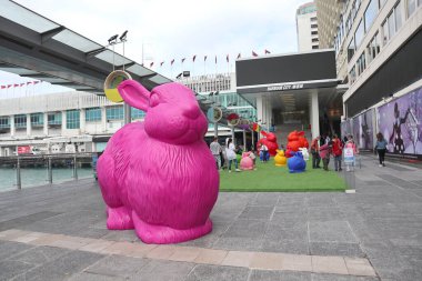 Hong Kong - January 21, 2023: Rabbit decorations for celebrating the Chinese New Year at Tsim Sha Tsui, Hong Kong.