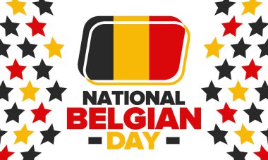 Belçika Ulusal Günü. Belçika Bağımsızlık Günü. Belçika 'da yıllık tatil, 21 Temmuz' da kutlanıyor. Vatansever tasarım. Poster, tebrik kartı, afiş ve geçmiş. Vektör illüstrasyonu