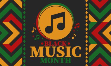 Black Music Month in June. African-American Music Appreciation Month. Celebrated annual in United States. Music concept. Poster, card, banner and background. Vector illustration clipart