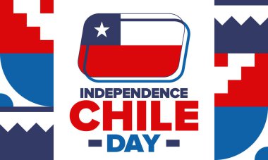 Şili Bağımsızlık Günü. Mutlu bayramlar Patrias. Özgürlük günü. Yıllığı 18 Eylül 'de kutlayın. Şili bayrağı. Vatansever Şili tasarımı. Poster, kart, afiş, şablon, geçmiş. Vektör