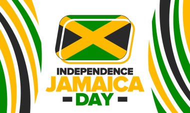 Jamaika Bağımsızlık Günü. Jamaika 'nın bağımsızlığı. Tatil, 6 Ağustos 'ta yıllık kutlama. Jamaika bayrağı. Vatansever unsur. Poster, tebrik kartı, afiş ve geçmiş. Vektör illüstrasyonu