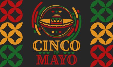 Meksika 'da Cinco de Mayo. Mayıs ayındaki geleneksel Meksika şenliği. Karnaval, festival ve geçit töreniyle ulusal mutlu bayramlar. Latin Amerika ve İspanyol tarzı. Sombrero ile illüstrasyon. Vektör posteri