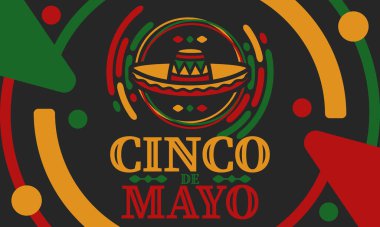 Meksika 'da Cinco de Mayo. Mayıs ayındaki geleneksel Meksika şenliği. Karnaval, festival ve geçit töreniyle ulusal mutlu bayramlar. Latin Amerika ve İspanyol tarzı. Sombrero ile illüstrasyon. Vektör posteri