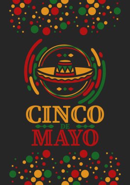 Meksika 'da Cinco de Mayo. Mayıs ayındaki geleneksel Meksika şenliği. Karnaval, festival ve geçit töreniyle ulusal mutlu bayramlar. Latin Amerika ve İspanyol tarzı. Sombrero ile illüstrasyon. Vektör posteri